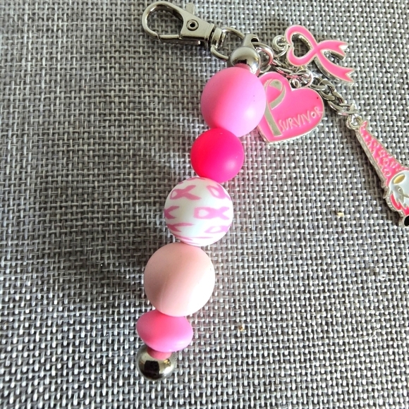 Breast Cancer Awareness Charm Key Chain Backpack Purse Heart Pink Gnome Ribbon - Picture 3 of 3